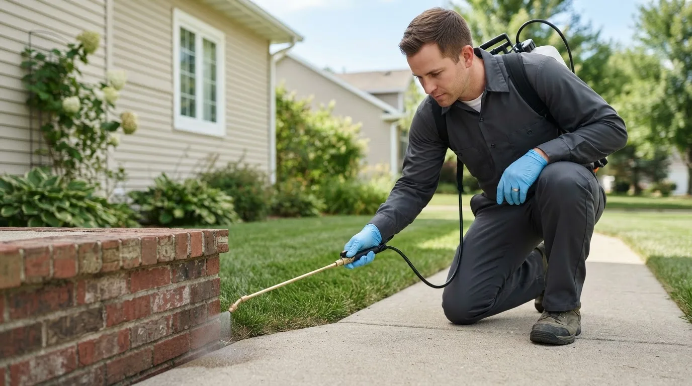 Pest control technician treating a home near Drexel, NC